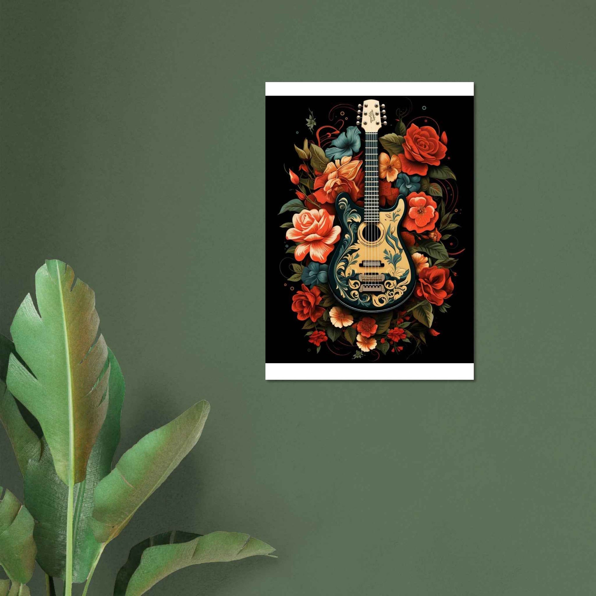 Floral Guitar Serenade Poster – Bohemian Botanical Wall Art (Multiple Sizes Available)