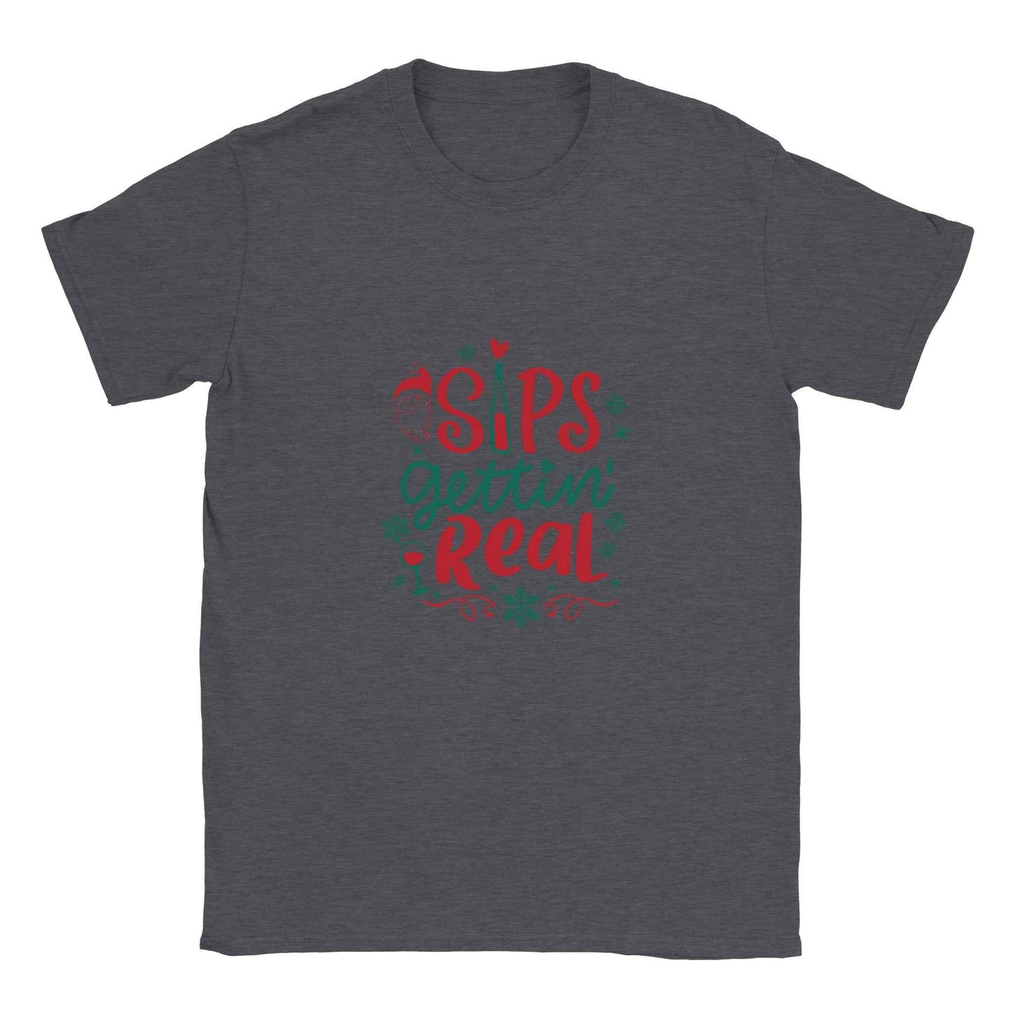 "Sips Gettin' Real" Christmas Shirt – Festive Holiday Graphic Tee with Santa & Wine Design