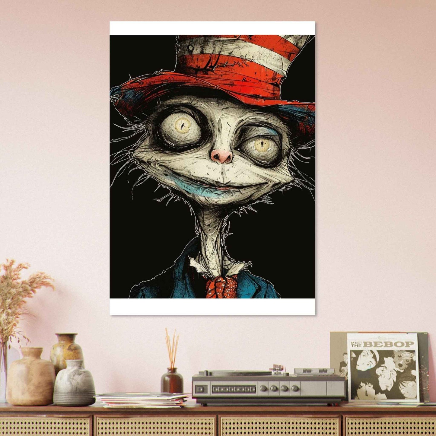"Alice's Mad Hatter Cat" Poster – Whimsical Dark Art Wall Decor (Multiple Sizes Available)