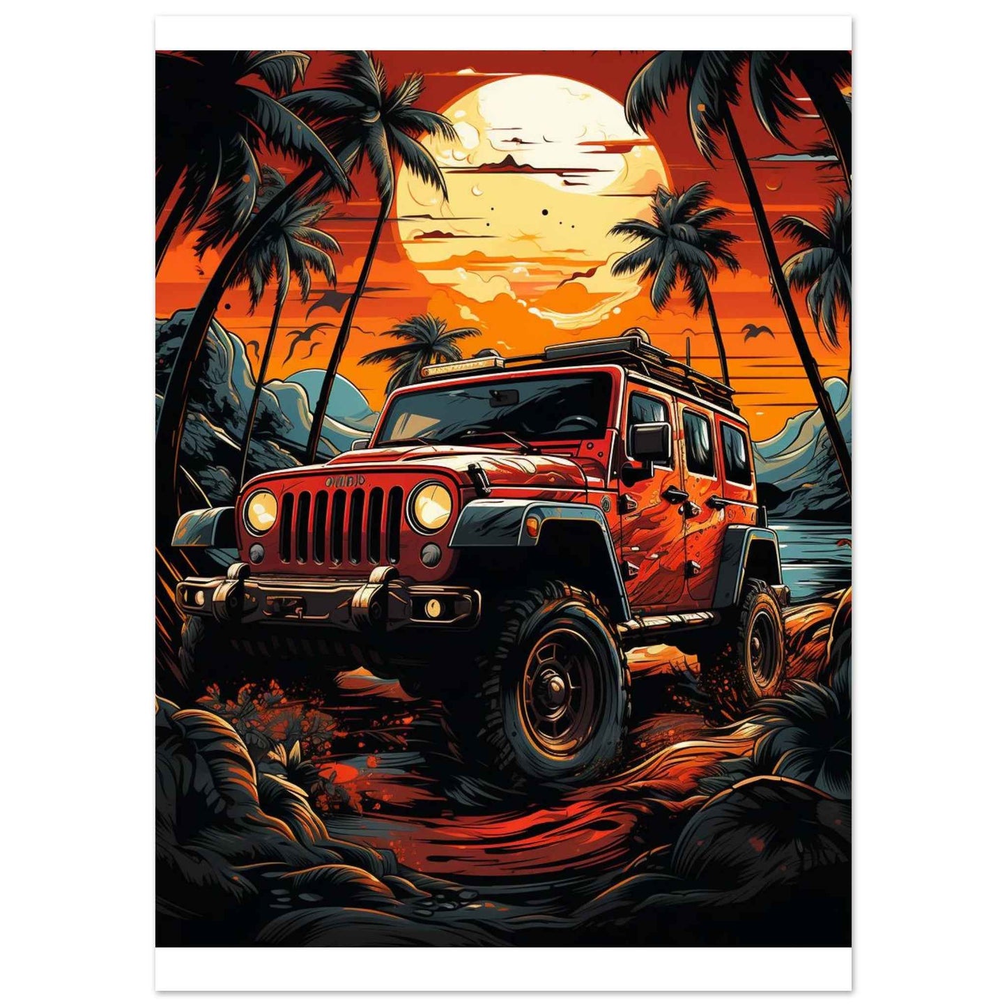 "Tropical Sunset Jeep" Poster – Vibrant Island Adventure Wall Art (Multiple Sizes Available)