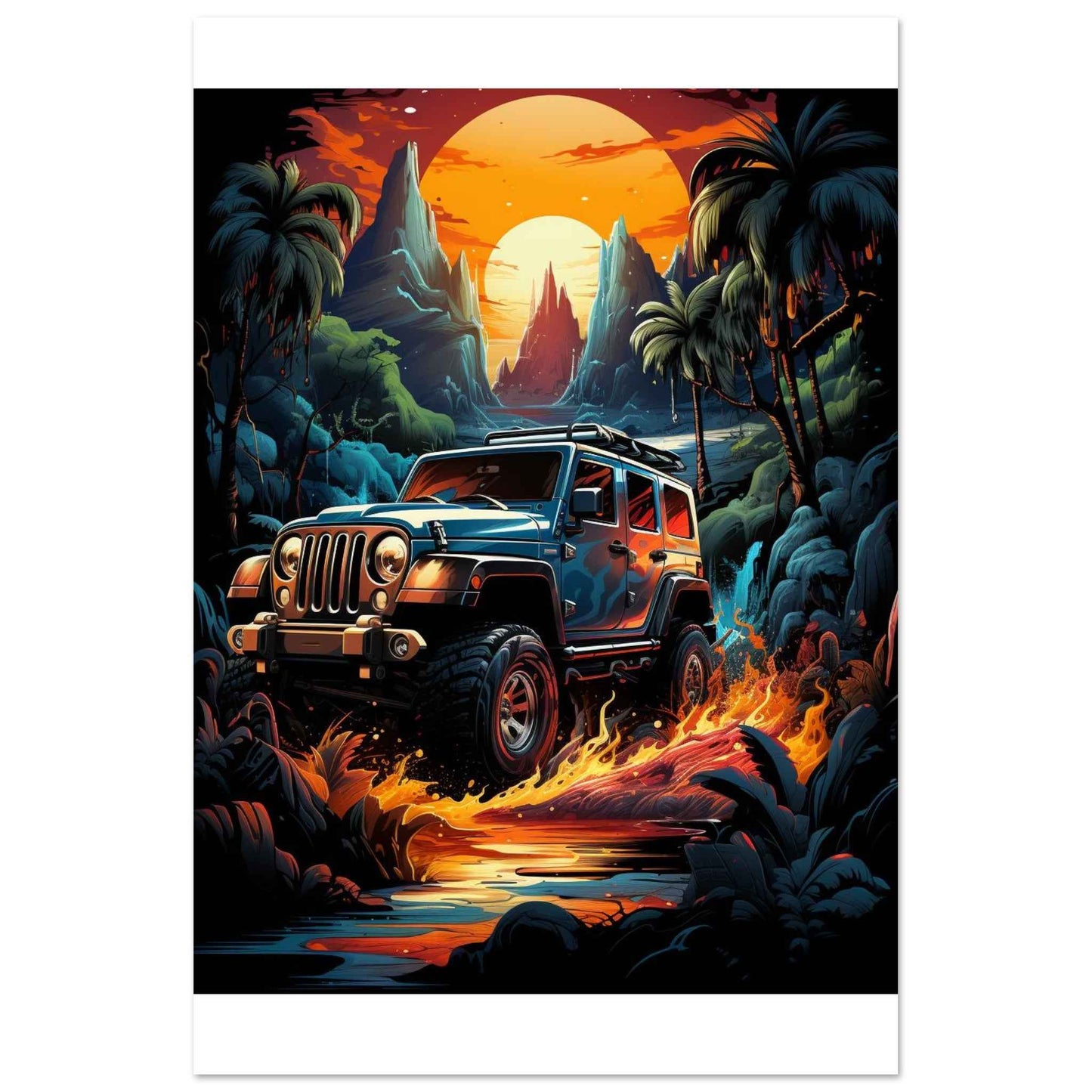 “Tropical Off-Road Sunset” Poster – Vibrant Adventure Wall Art (Multiple Sizes Available)