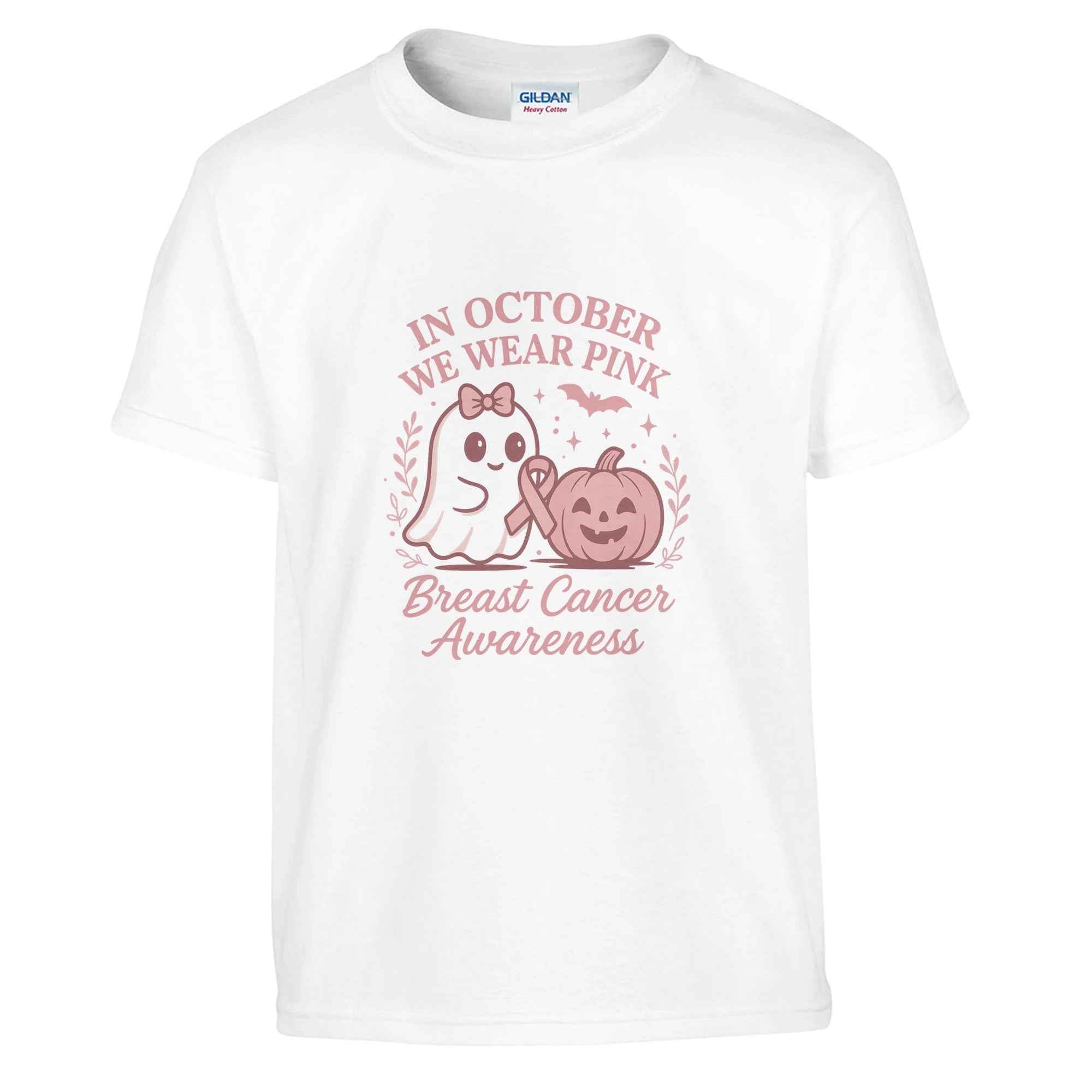 In October We Wear Pink Ghost & Pumpkin T-Shirt | Breast Cancer Awareness Halloween Tee | Cute Pink Support Shirt