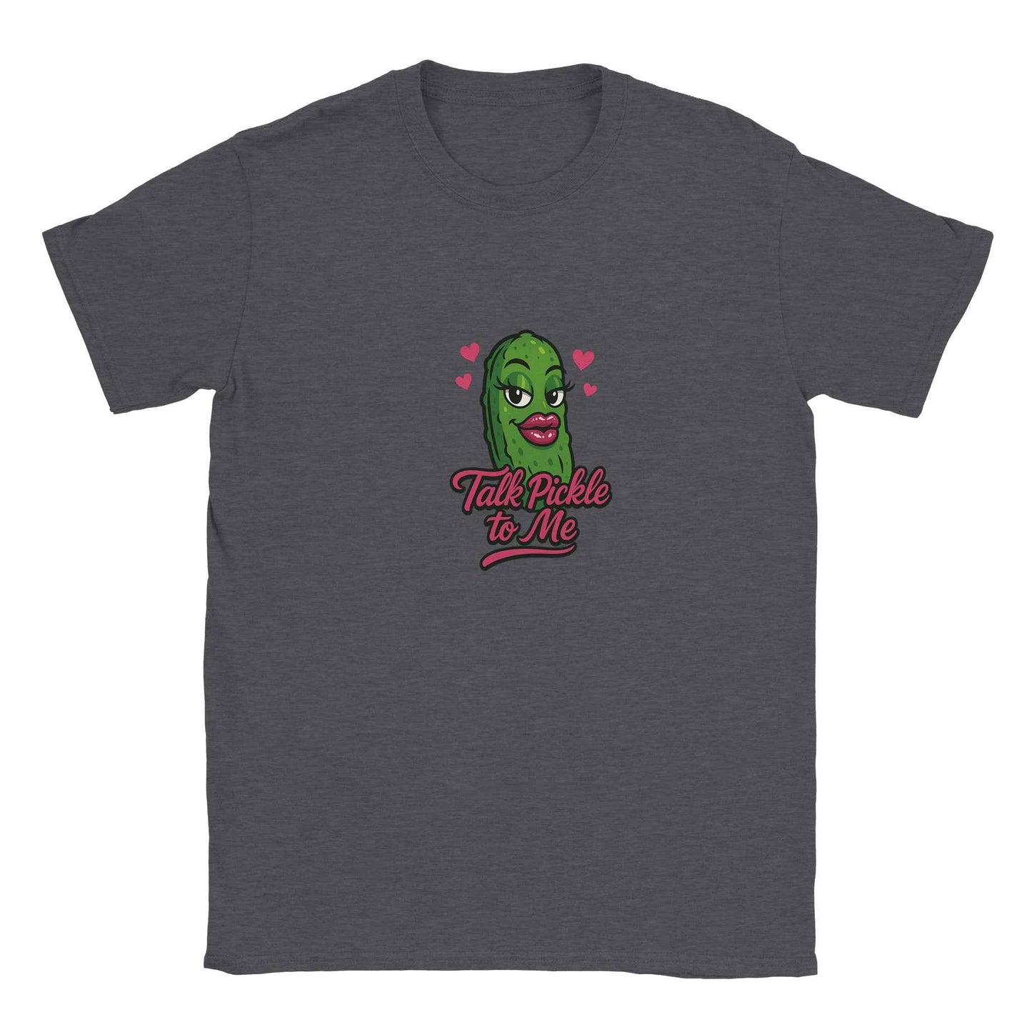 "Talk Pickle to Me" Flirty Pickle T-Shirt – Playful Pink Lips & Hearts Design