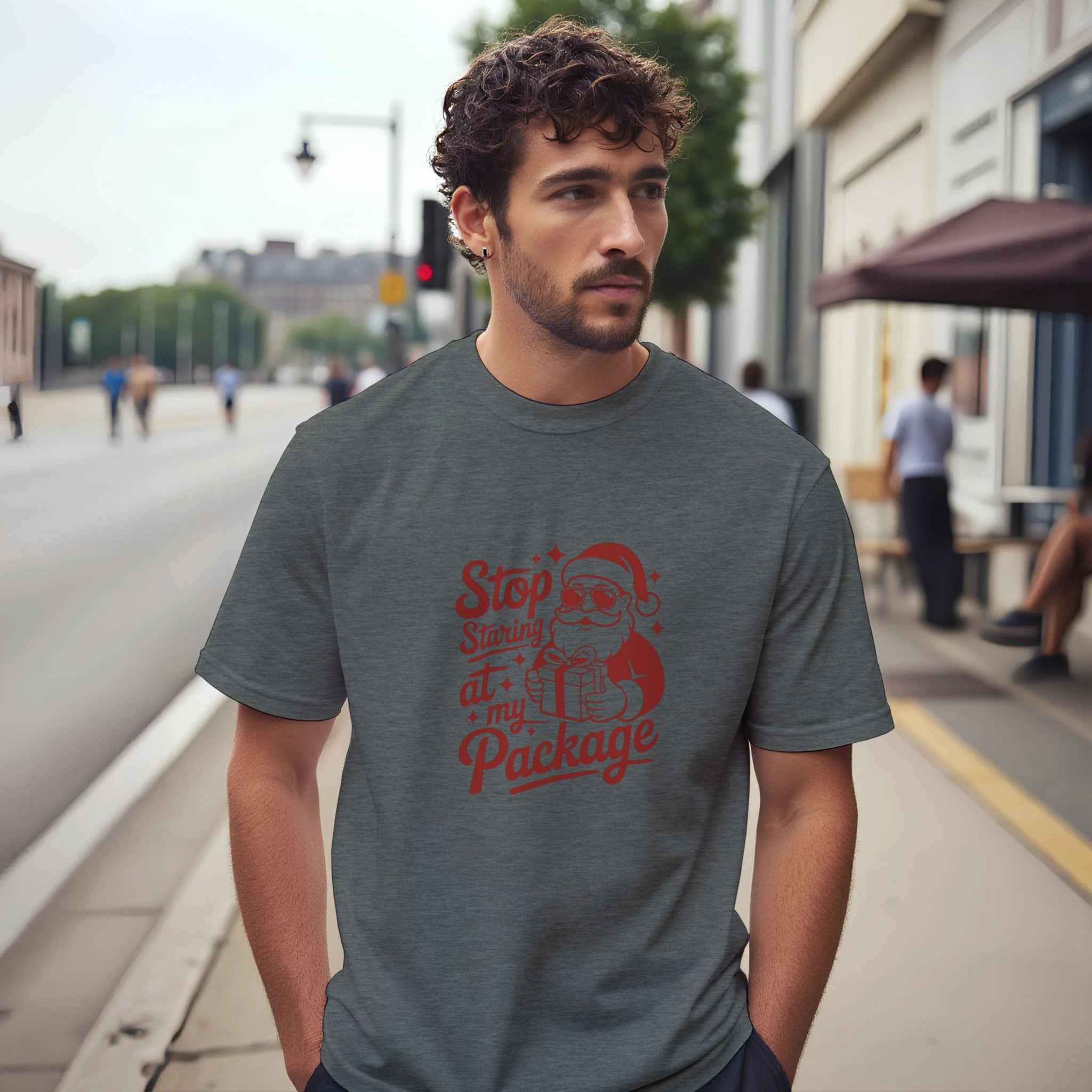 Stop Staring at My Package Santa Tee – Funny Christmas Holiday Graphic T-Shirt