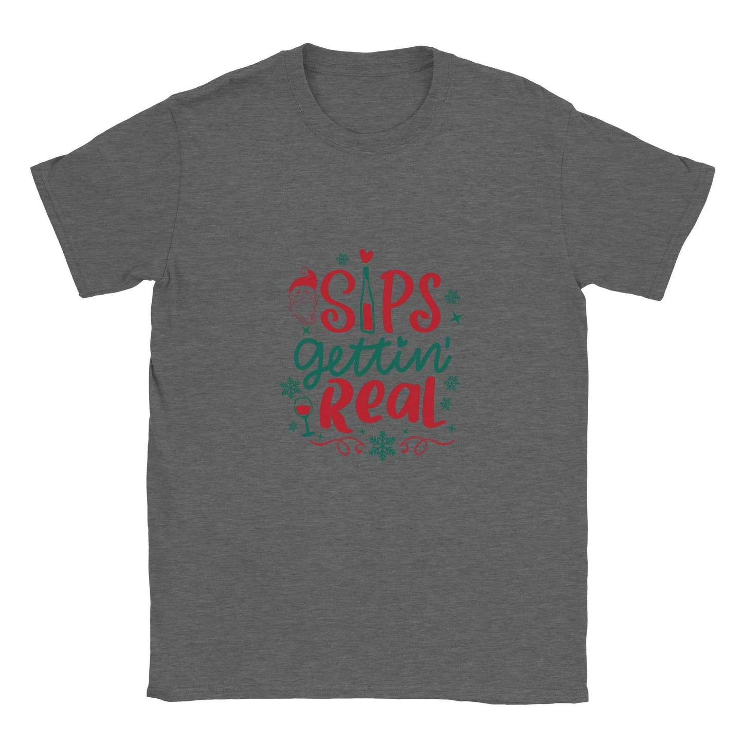 "Sips Gettin' Real" Christmas Shirt – Festive Holiday Graphic Tee with Santa & Wine Design