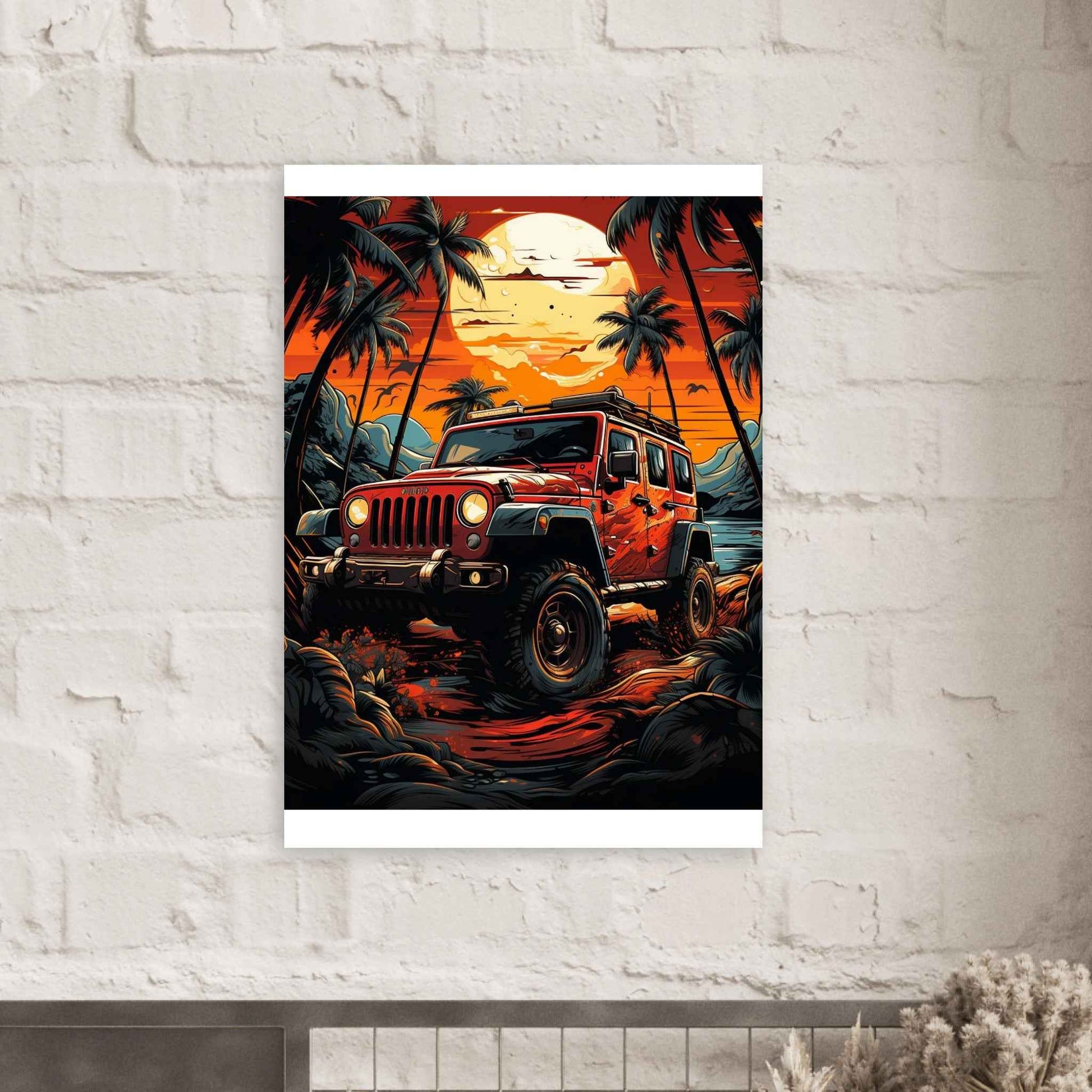 "Tropical Sunset Jeep" Poster – Vibrant Island Adventure Wall Art (Multiple Sizes Available)