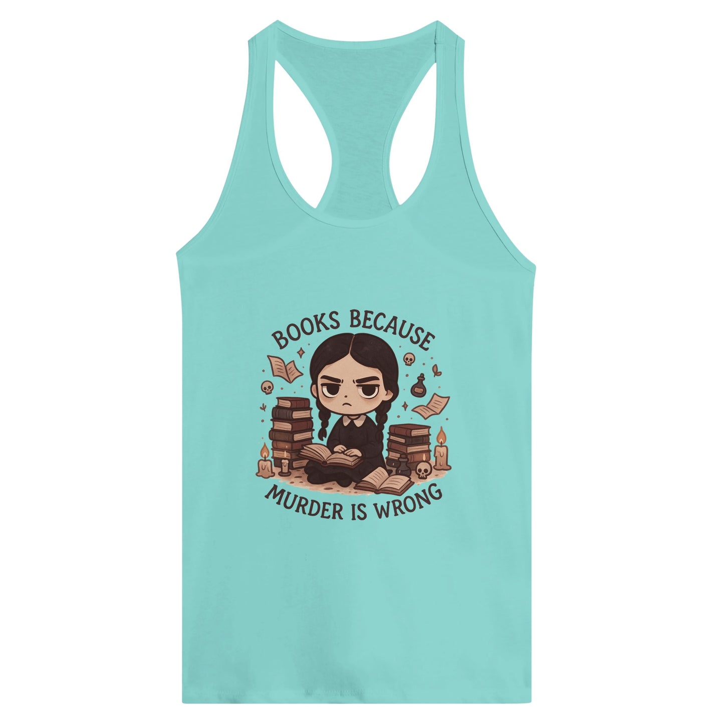 Bookish Goth Women’s Racerback Tank – “Books Because Murder Is Wrong” Dark Reader Tee - F4 Custom Prints