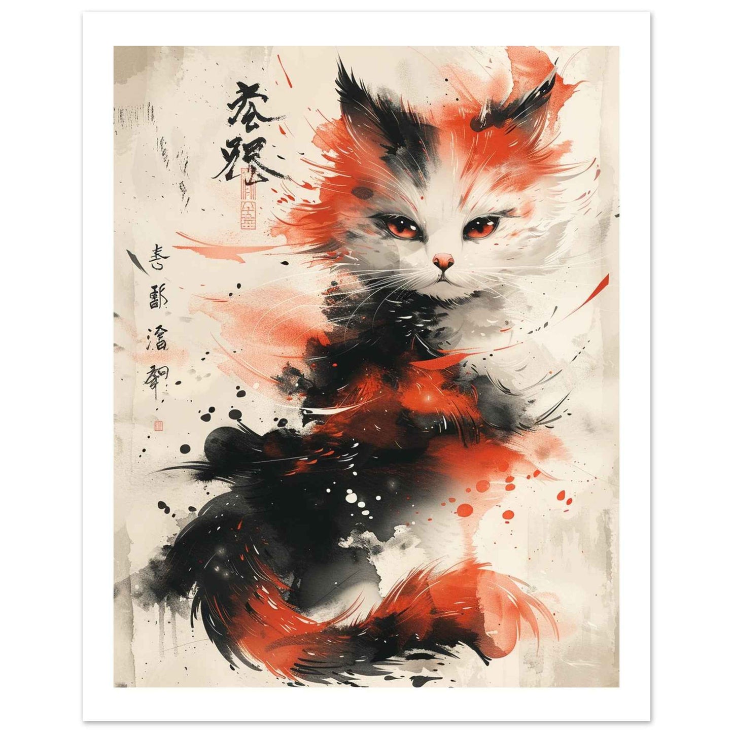 Fiery Feline Flair Poster – Dynamic Japanese Ink Wash Cat Wall Art (Multiple Sizes Available)