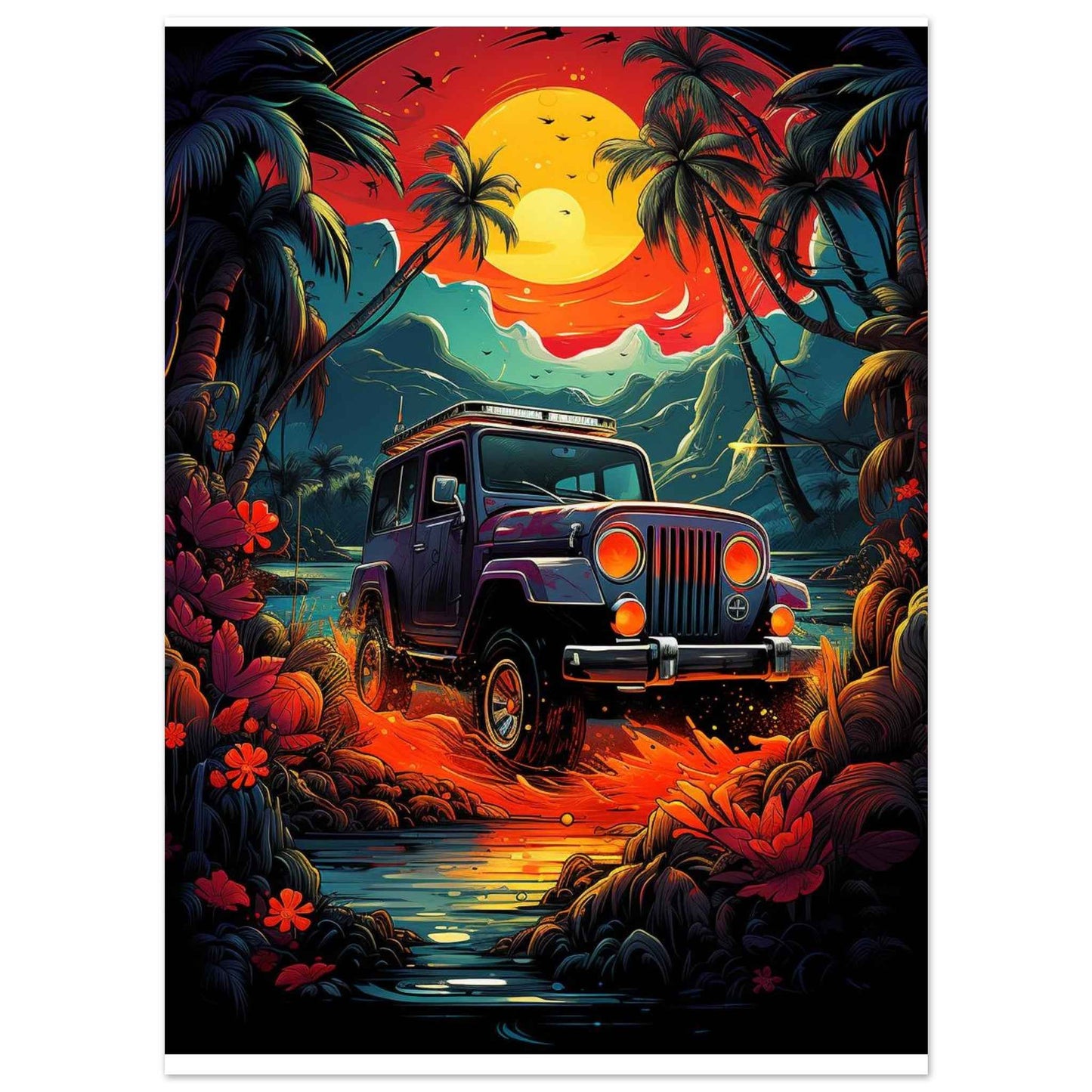 Jeep Adventure Sunset Poster – Tropical Off-Roading Wall Art (Multiple Sizes Available)