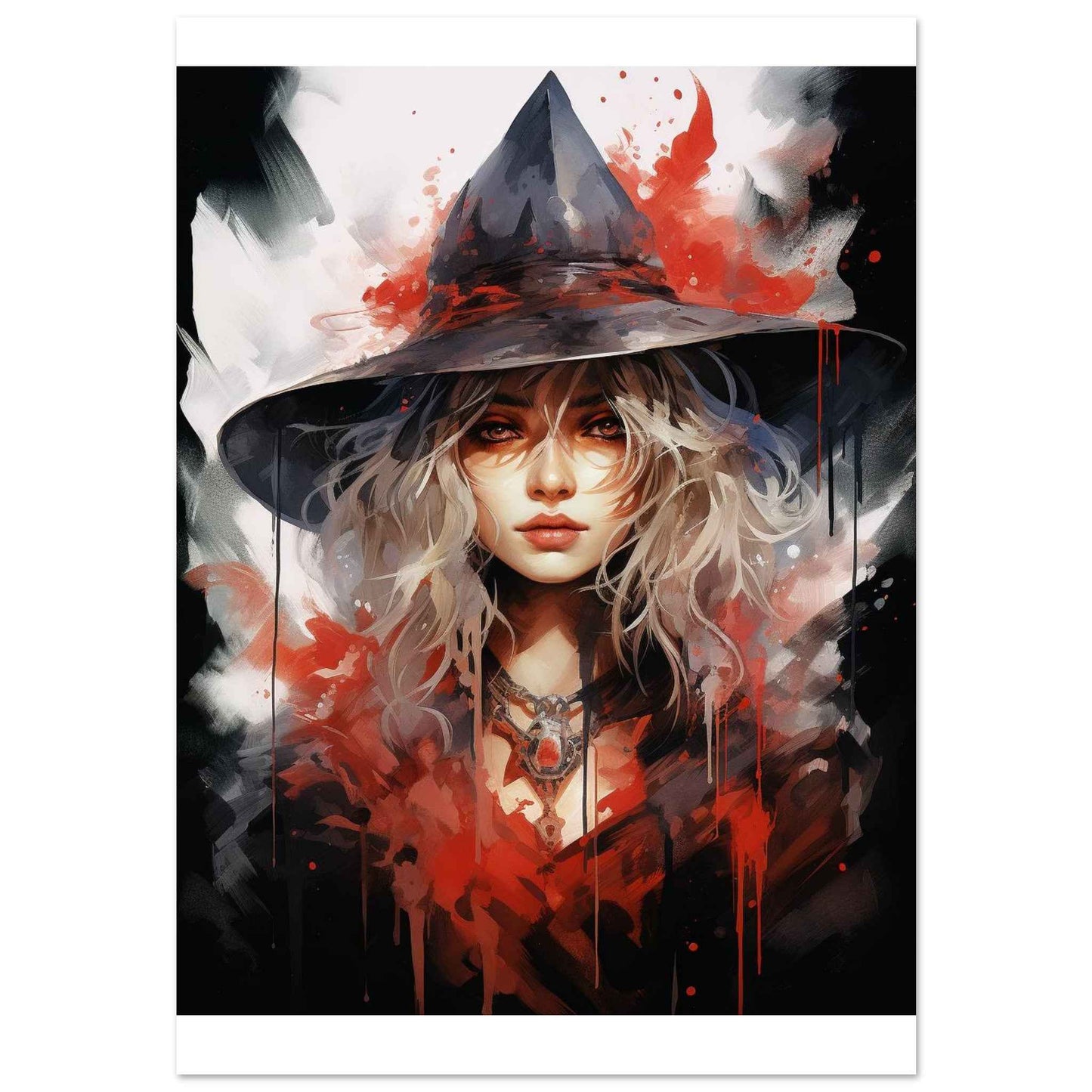 Crimson Sorceress Poster – Dark Fantasy Witchcraft Wall Art (Multiple Sizes Available)