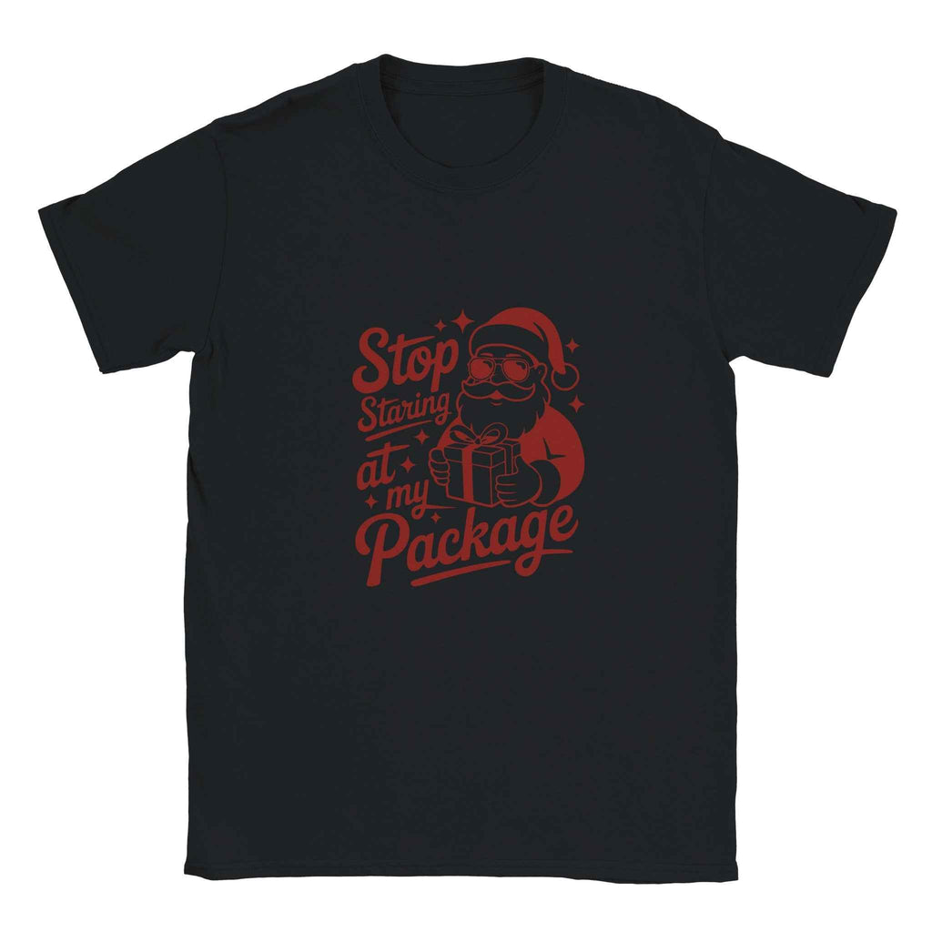 Stop Staring at My Package Santa Tee – Funny Christmas Holiday Graphic T-Shirt