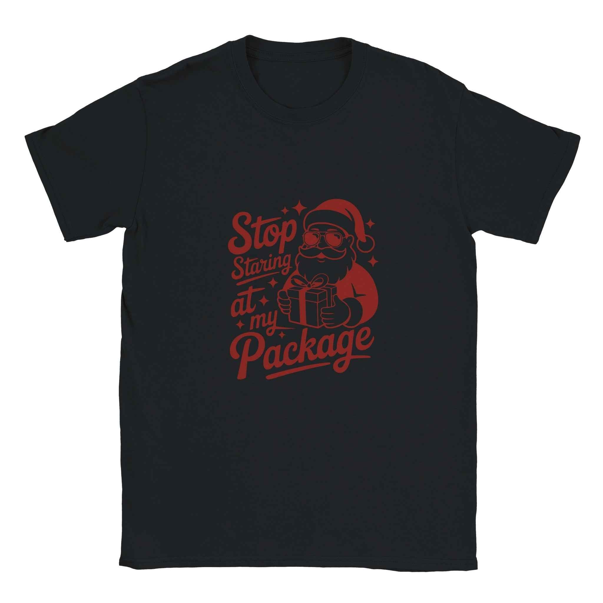 Stop Staring at My Package Santa Tee – Funny Christmas Holiday Graphic T-Shirt
